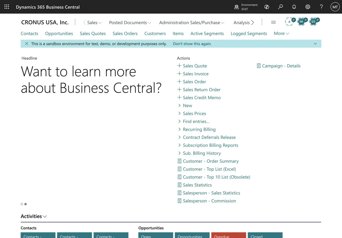 Role Center-ul Business Central, cu acțiuni de vânzare și titlu de întâmpinare