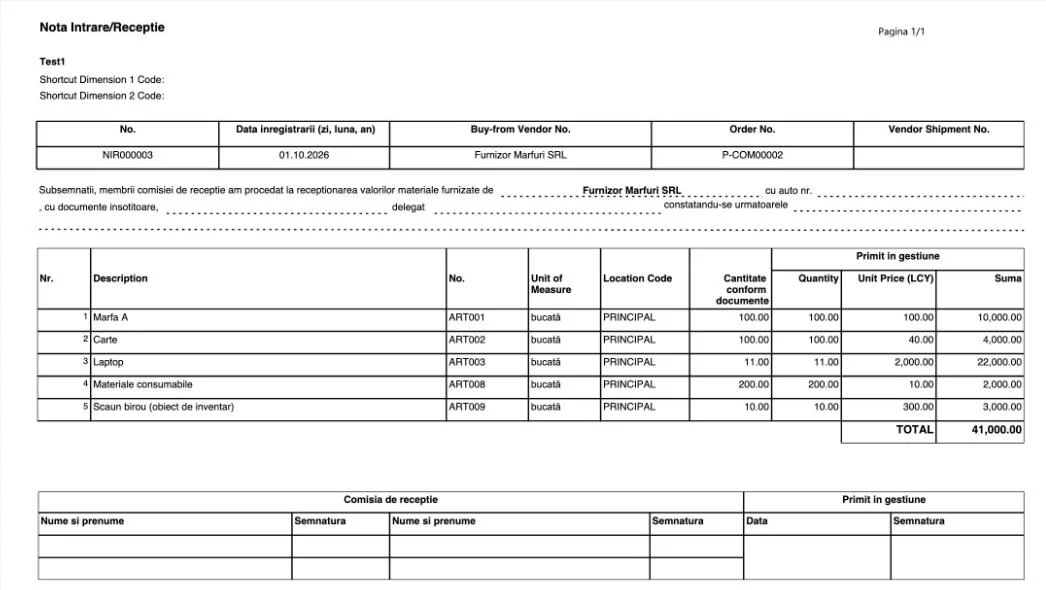 Notă de intrare-recepție tipărită, cu articolele primite în gestiune și comisia de recepție