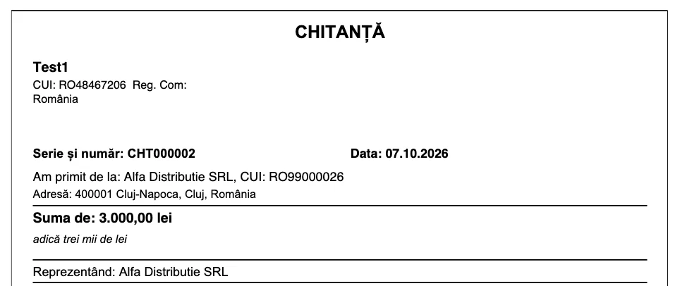 Chitanță tipărită, cu seria CHT, suma de 3.000,00 lei și suma în litere